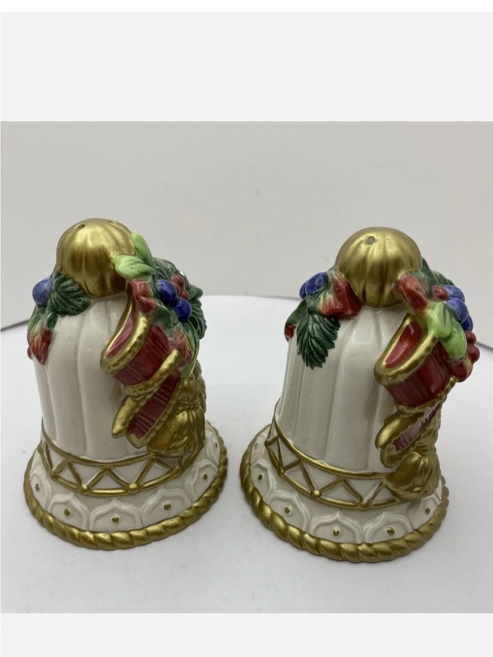 Vintage Fitz & Floyd Christmas Salt & Pepper Shakers - Hand-painted Bell Shape